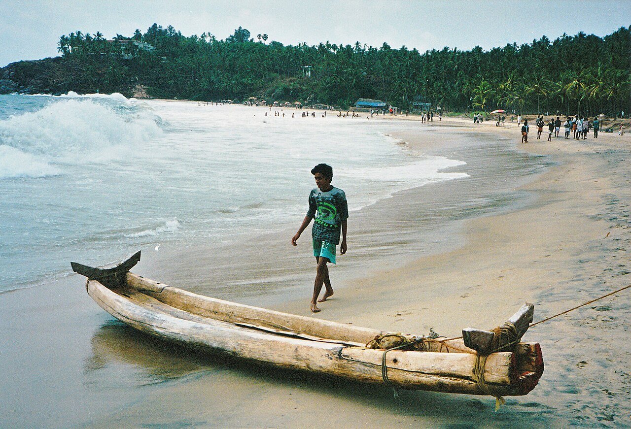 A palm-fringed beach on the Kerala coast